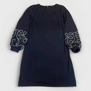 Ann Taylor Navy dress with adorable puff sleeves with white embroidered designs